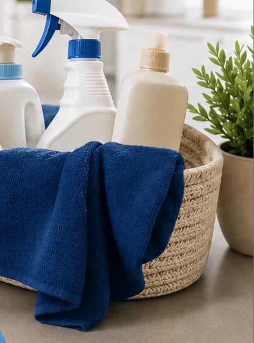 Panier de produits ménagers avec une serviette bleue